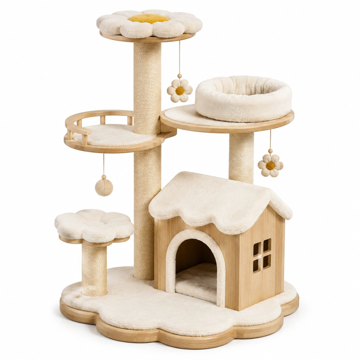 Kratzbaum aus Holz, Plüsch und Sisal, 60 × 60 × 130 cm, Natur/Creme/Gelb, mit Katzenhaus, Liegeflächen und Spielzeugen