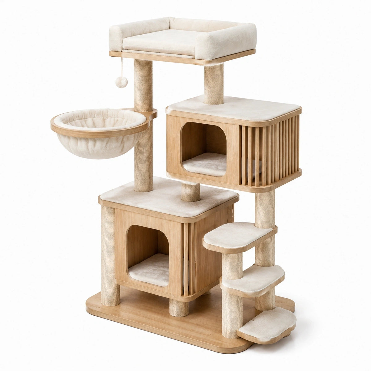 Kratzbaum aus Holz 80 × 60 × 160 cm in Naturbeige und Creme mit Sisal und gepolsterten Liegeflächen