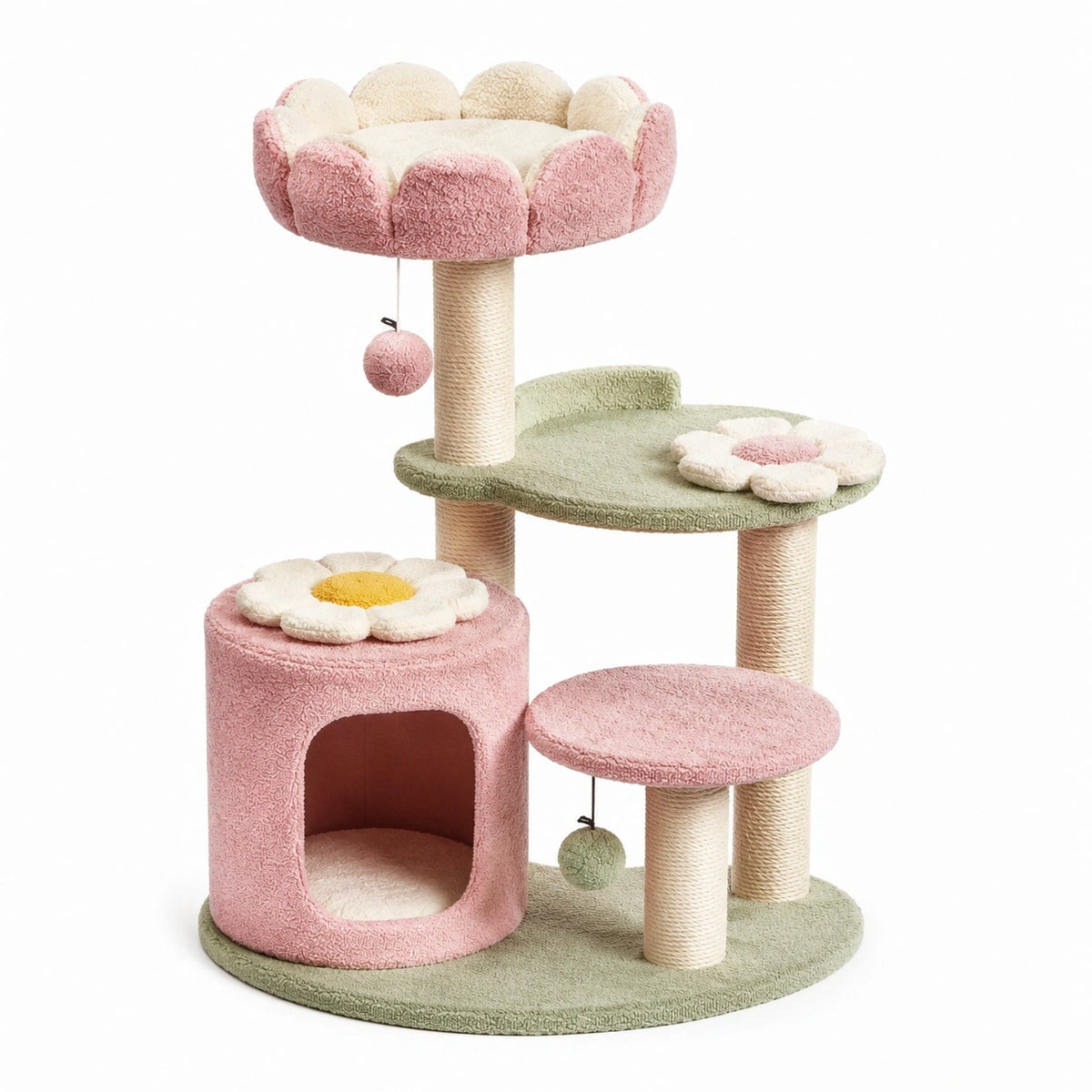 Katzenmöbel im Blütendesign, 60 × 50 × 100 cm, Rosa/Grün/Creme/Gelb