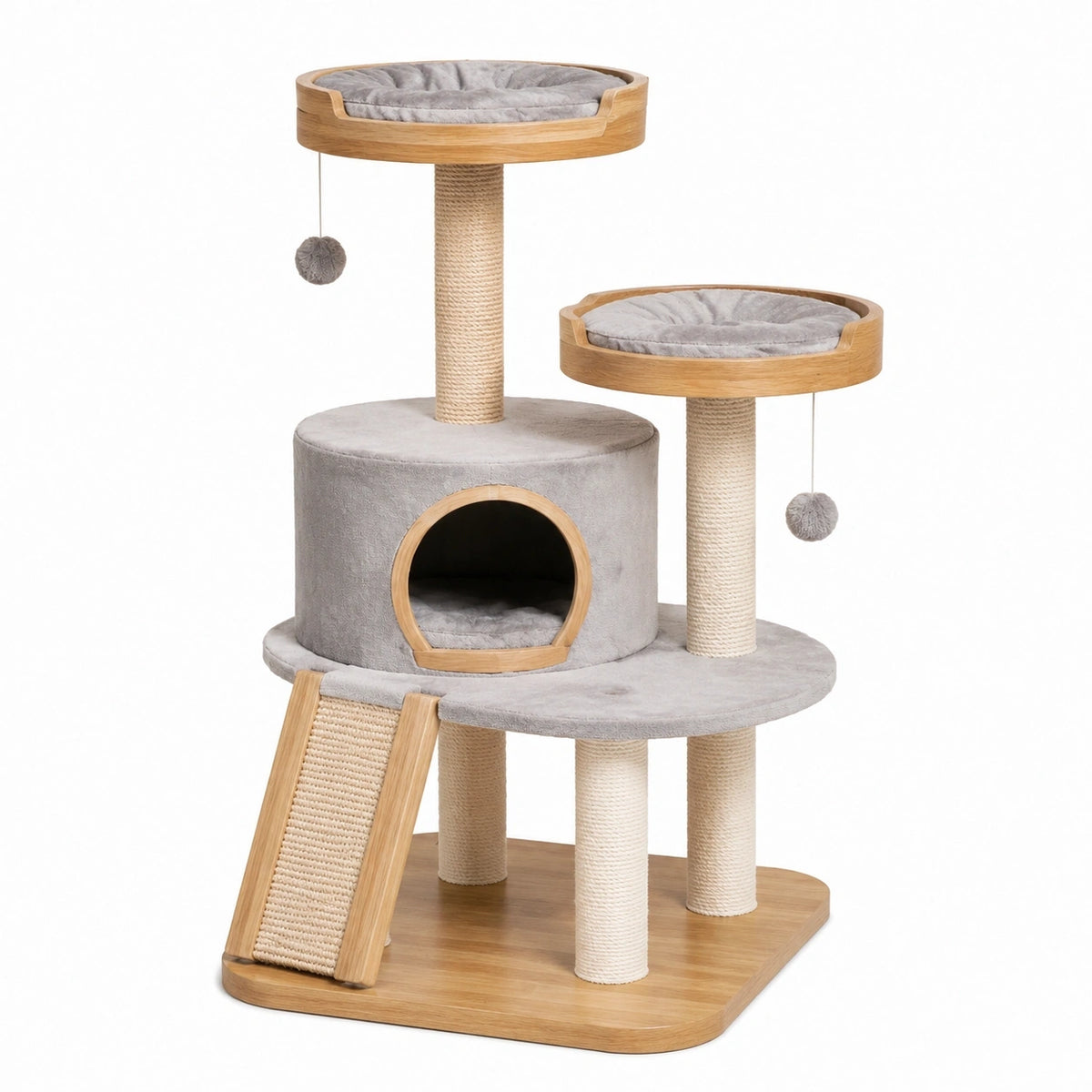 Kratzbaum für Katzen 60 × 50 × 145 cm aus Holz und Sisal in Natur, Grau und Beige mit Höhle und Liegeflächen