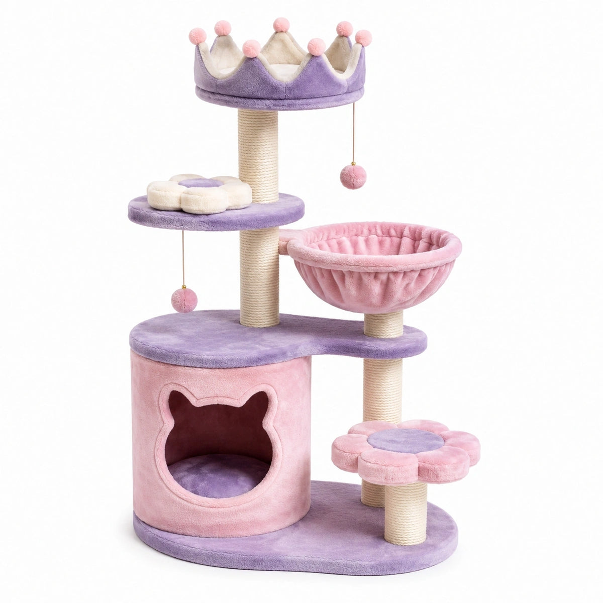 Katzenkratzbaum 60 x 50 x 120 cm Rosa/Lila/Creme mit Höhle, Hängemulde und Kronenliegefläche