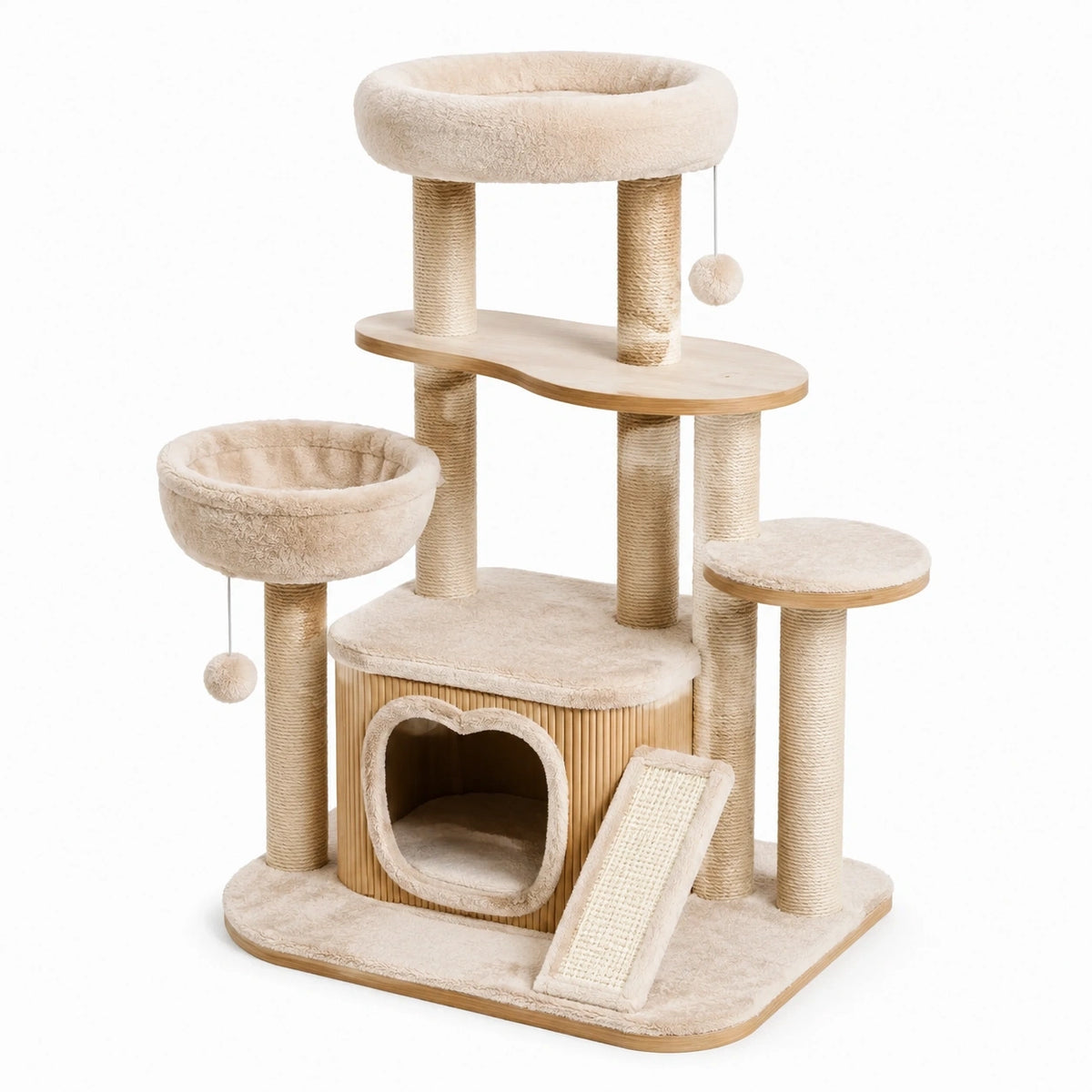 Katzenkletterbaum 60 × 50 × 130 cm aus Holz, Sisal und Plüsch in Beige/Natur mit Höhle, Kratzsäulen und Liegeflächen