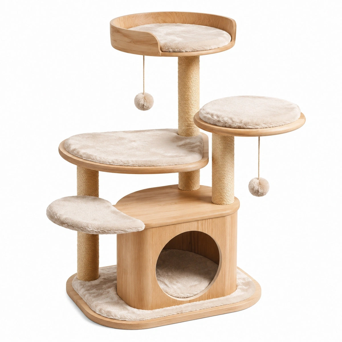Katzenkratzbaum aus Holz 60 × 50 × 140 cm in Natur/Creme mit Sisalstämmen, Höhle und Liegeflächen