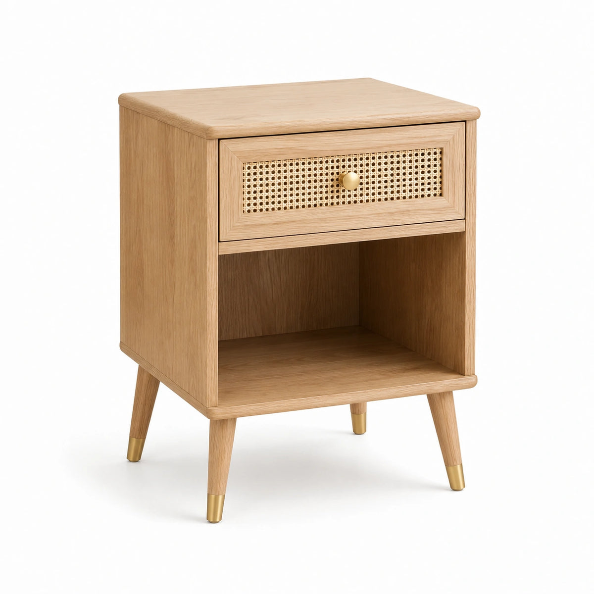 Nachttisch aus Holz 45 × 40 × 60 cm in Natur mit Rattangeflecht, Schublade und offenem Fach