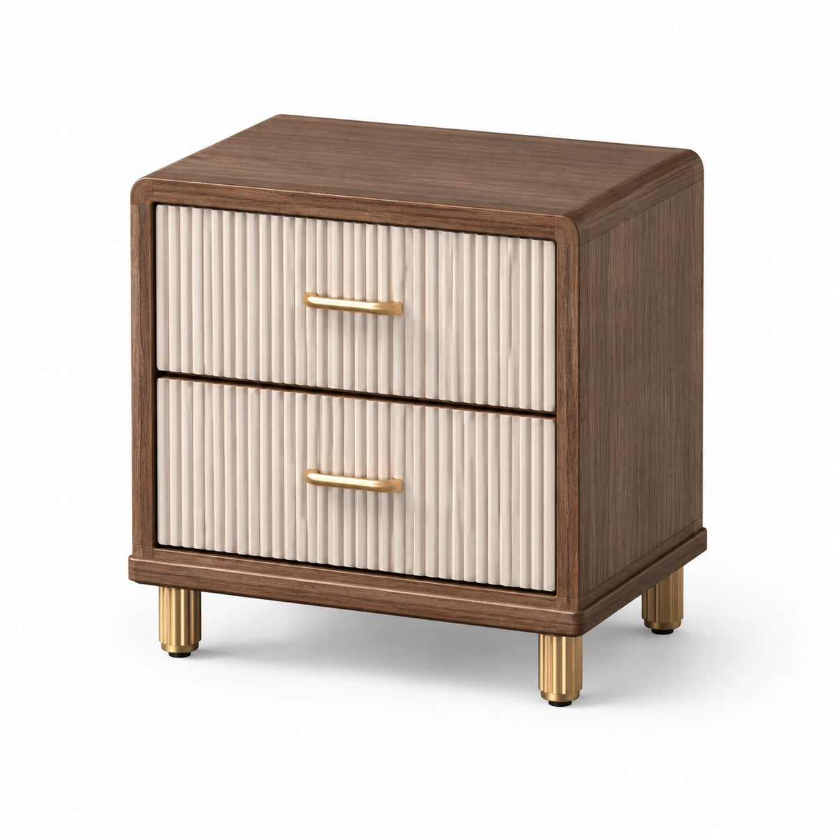 Nachttisch Braun/Creme/Gold, 50 × 40 × 60 cm, mit 2 geriffelten Schubladen