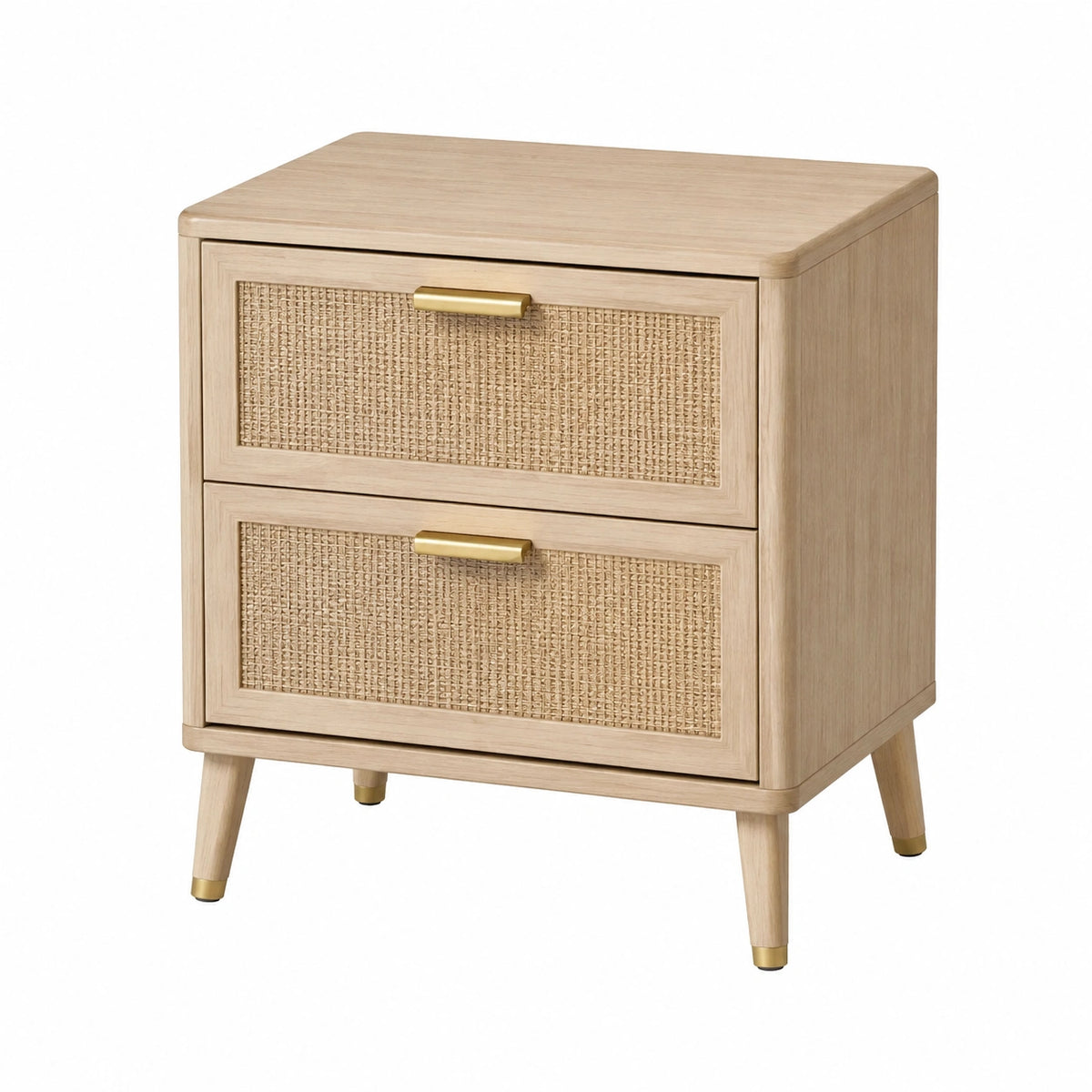 Nachttisch aus Holz und Rattangeflecht, 50 × 40 × 60 cm, Natur/Beige/Gold, mit 2 Schubladen