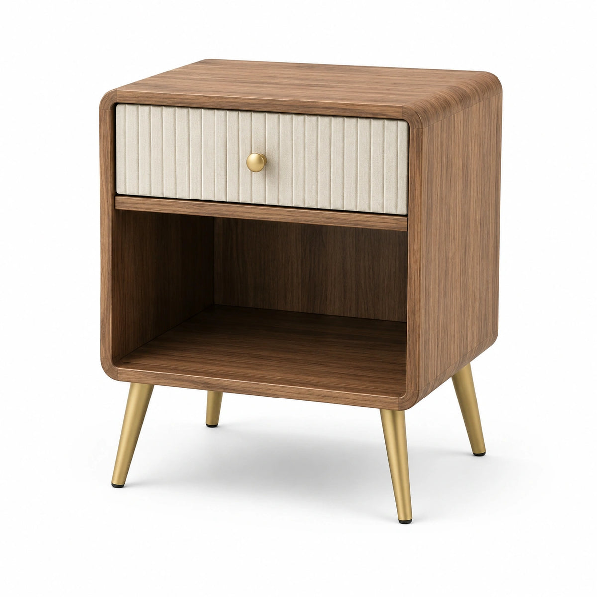 Retro-Nachttisch 45 × 40 × 60 cm in Braun mit beiger Stofffront und goldfarbenen Metallbeinen