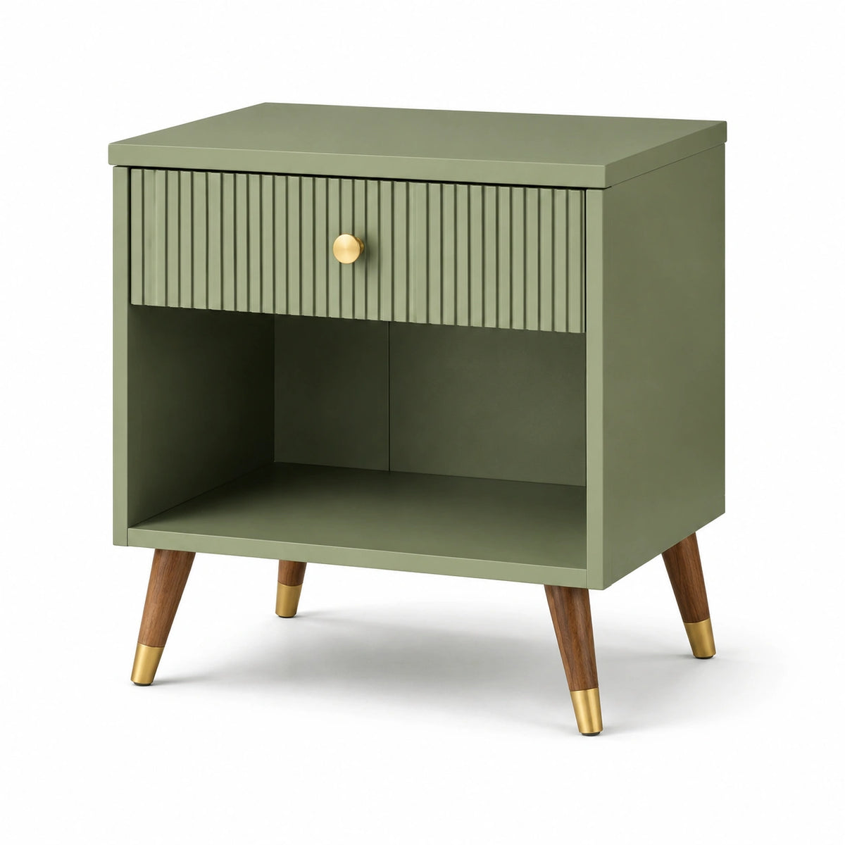 Nachttisch 50 × 40 × 60 cm in Olivgrün, Braun und Gold mit Schublade und offenem Fach