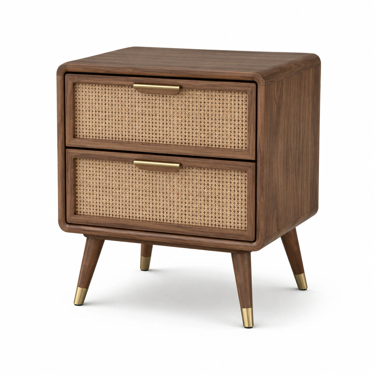 Nachttisch im Retro-Stil mit Rattangeflecht, 2 Schubladen, Braun/Natur/Gold, 55 × 40 × 60 cm