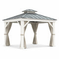 Gartenpavillon 300 × 300 × 300 cm aus Holz in Weiß und Grau mit Metalldach und Vorhängen