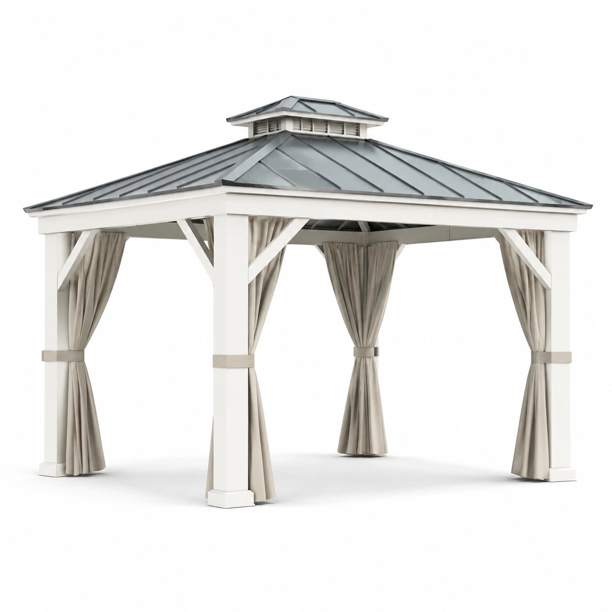 Gartenpavillon 300 × 300 × 300 cm aus Holz in Weiß und Grau mit Metalldach und Vorhängen