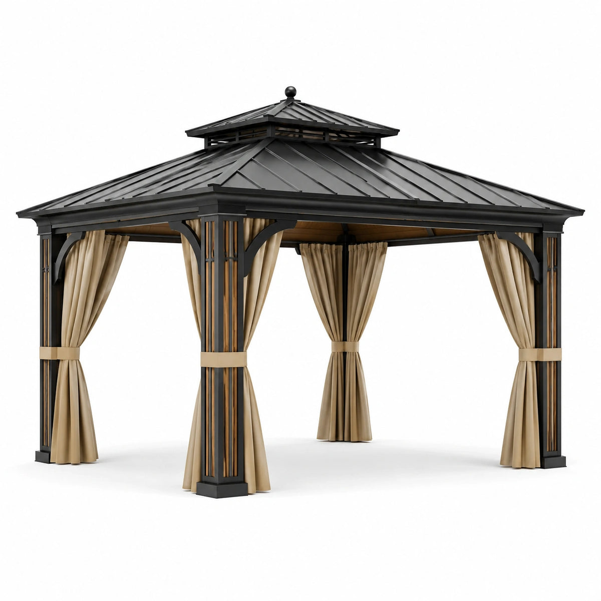 Klassischer Gartenpavillon aus Stahl, 300 × 300 × 300 cm, Schwarz/Beige, mit Vorhängen