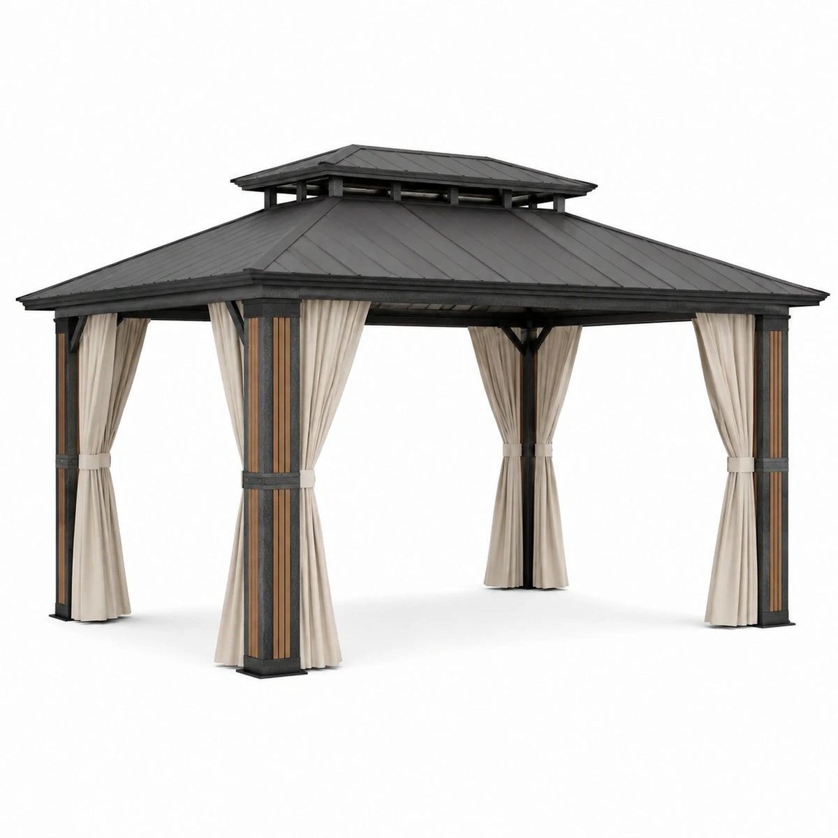 Metallpavillon 400 × 300 × 300 cm in Schwarz/Beige mit Vorhängen und Belüftungsdach