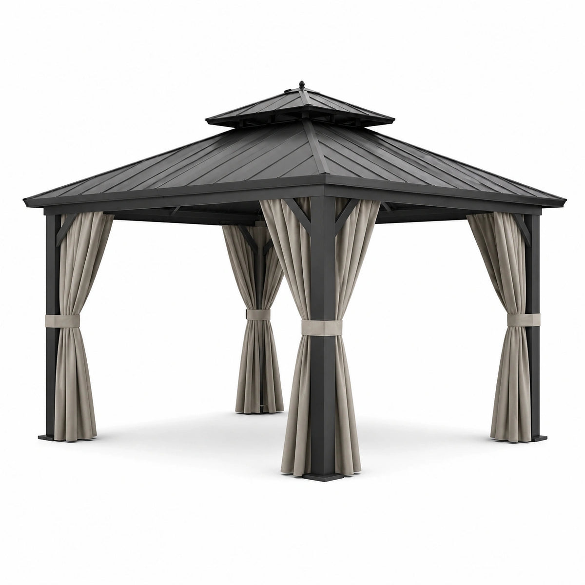 Gartenpavillon 300 × 300 × 290 cm aus Metall in Anthrazit mit beigen Vorhängen