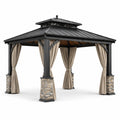 Gartenpavillon 400 × 400 × 320 cm mit Metalldach und Vorhängen in Schwarz, Beige und Grau
