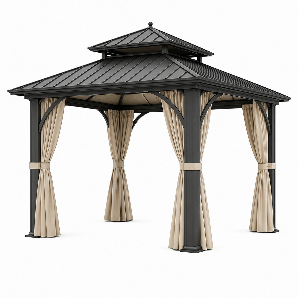 Metallpavillon 300 × 300 × 300 cm Schwarz/Beige mit Vorhängen und zweistufigem Dach