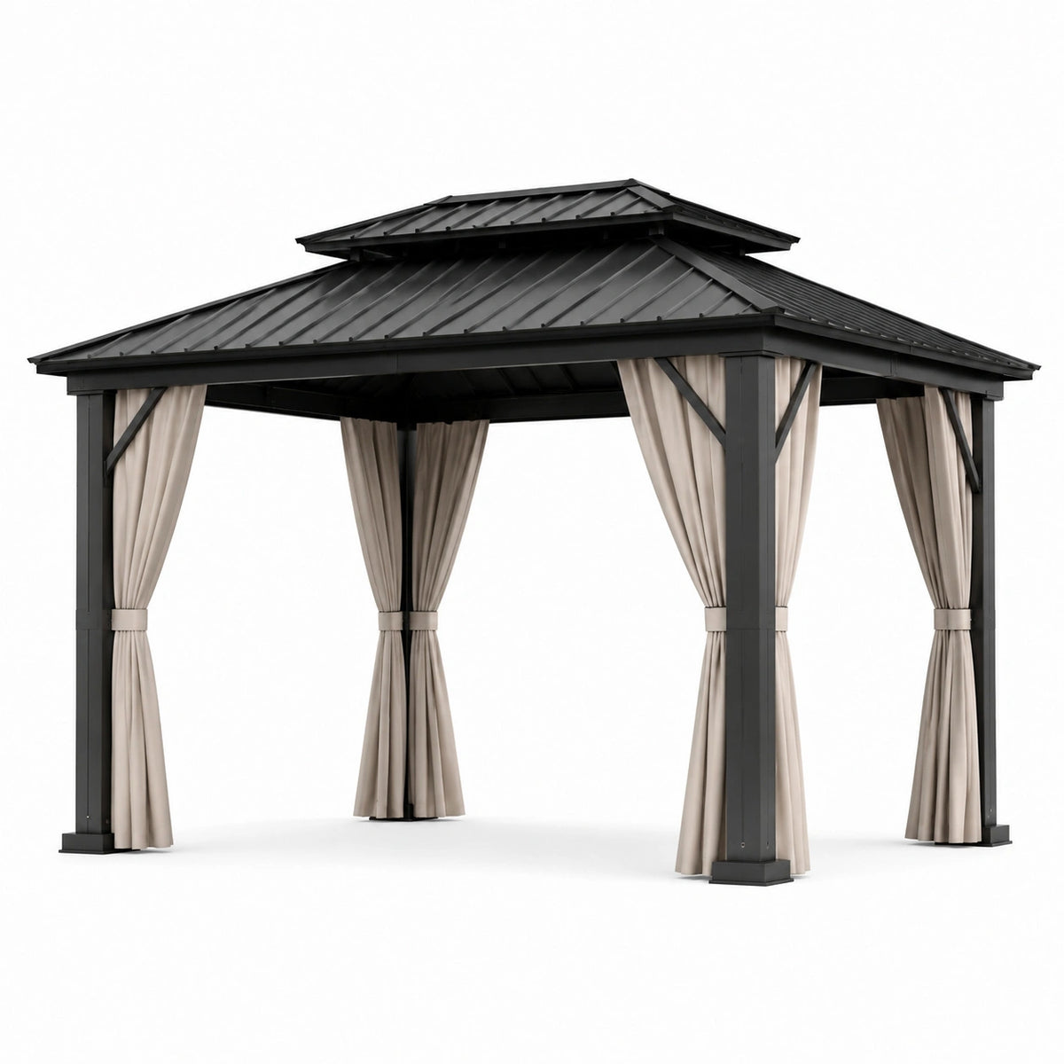 Gartenpavillon 300 × 300 × 300 cm aus Metall in Anthrazit mit beigen Vorhängen
