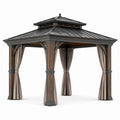 Gartenpavillon 300 × 300 × 300 cm aus Stahl in Anthrazit mit Holzoptik, Metalldach und beigen Vorhängen