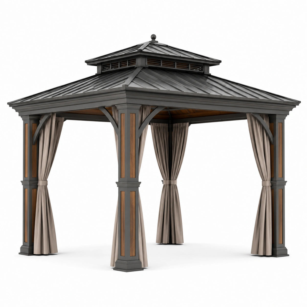Gartenpavillon 300 × 300 × 300 cm aus Stahl in Anthrazit mit Holzoptik, Metalldach und beigen Vorhängen