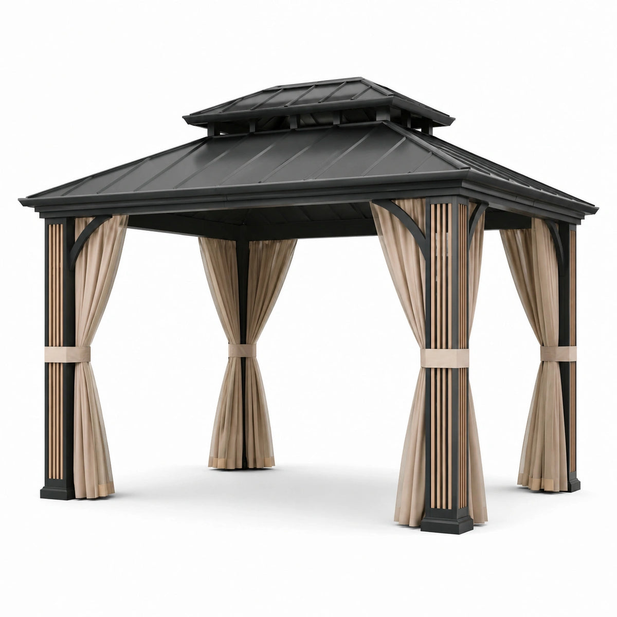 Metallpavillon 300 × 300 × 300 cm Schwarz/Beige mit Vorhängen und Lüftungsdach