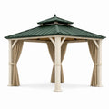 Gartenpavillon 300 × 300 × 300 cm in Beige und Grün mit Metall-Walmdach und Vorhängen