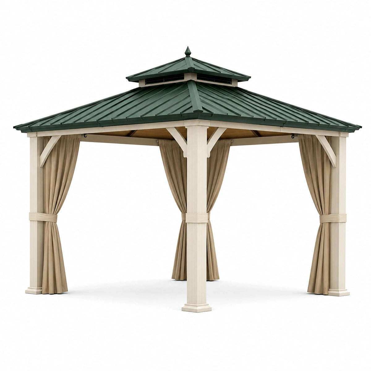 Gartenpavillon 300 × 300 × 300 cm in Beige und Grün mit Metall-Walmdach und Vorhängen