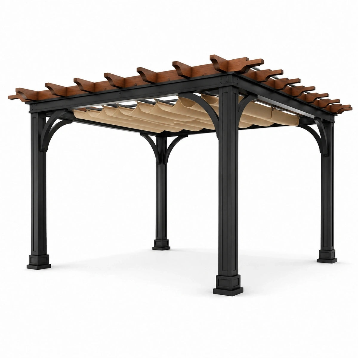 Pergola 300×300×250 cm mit Metallgestell, Holzdachelementen und Stoffbespannung in Schwarz, Braun und Beige
