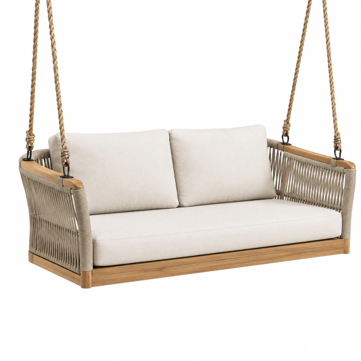 Hängesofa für 2 Personen, 130 × 75 × 70 cm, Holz, Seilgeflecht und Textil, Beige/Naturbraun/Schwarz