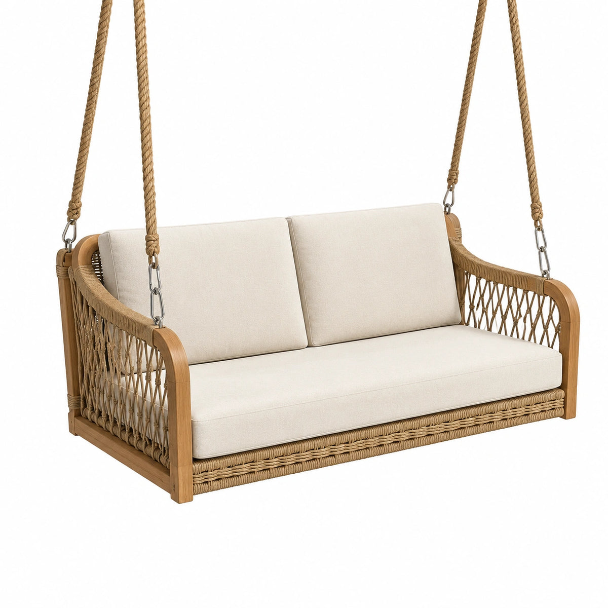 Hängesofa für 2 Personen aus Holz und Seilgeflecht, 150 × 80 × 70 cm, Naturbraun/Creme