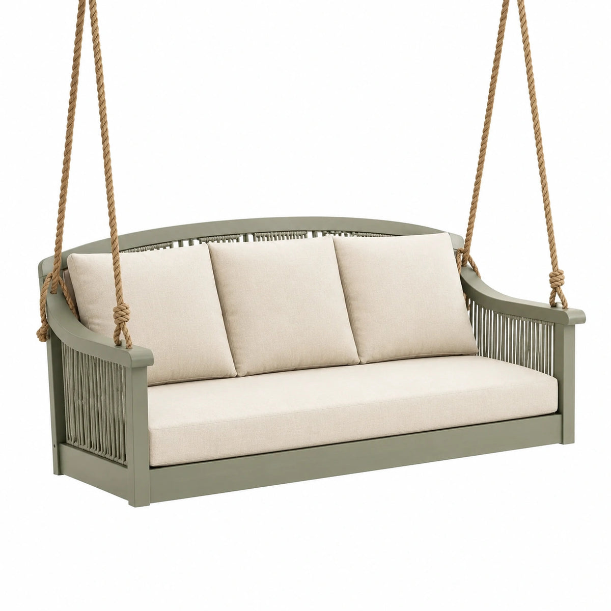 Hängesofa für den überdachten Außenbereich, 180 × 70 × 65 cm, grüner Holzrahmen mit beigen Kissen und braunen Naturfaserseilen