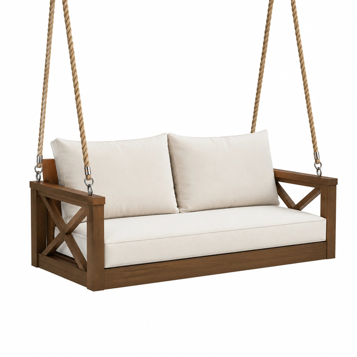 Hollywoodschaukel aus Holz in Braun und Creme, 130 × 70 × 65 cm, mit Seilaufhängung