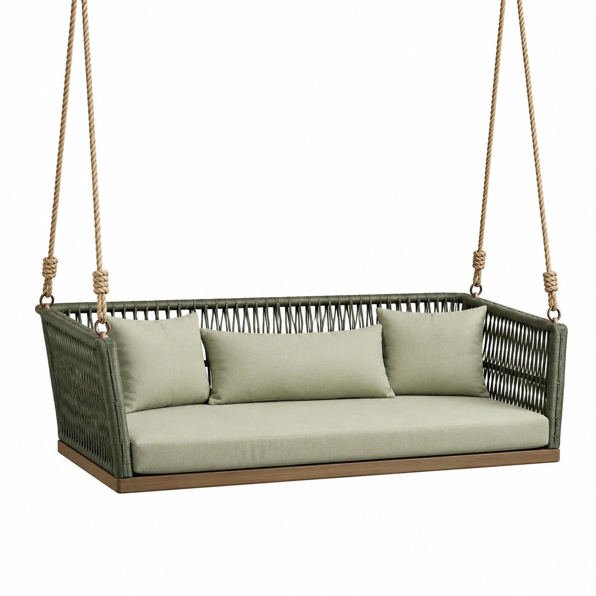 Hängesofa aus Kunststoffgeflecht mit Holzsockel, 180 x 80 x 65 cm, Grün/Braun/Beige