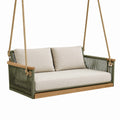 Hängesofa für 2 Personen, 140 × 70 × 70 cm, Holz, Seilgeflecht und Textil, Beige/Grün/Naturholz