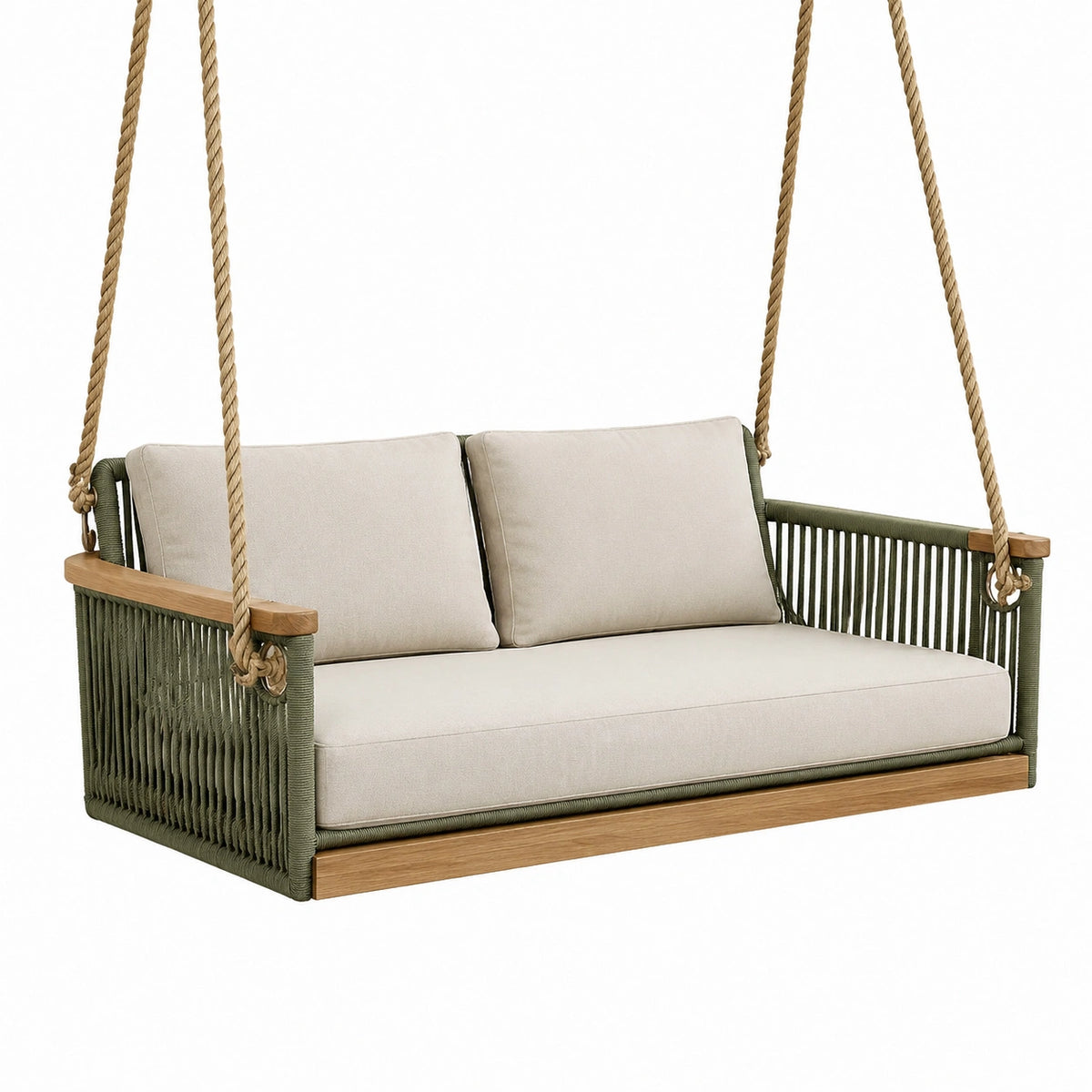 Hängesofa für 2 Personen, 140 × 70 × 70 cm, Holz, Seilgeflecht und Textil, Beige/Grün/Naturholz
