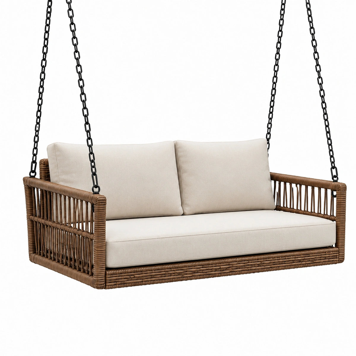 Braune Rattan-Hängesitzbank 130 × 75 × 65 cm mit beigen Kissen und schwarzen Ketten