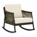 Schaukelstuhl 76 x 86 x 90 cm in Creme, Schwarz, Dunkelbraun und Olivgrün mit Metallgestell, Kordelgeflecht und Holzarmlehnen