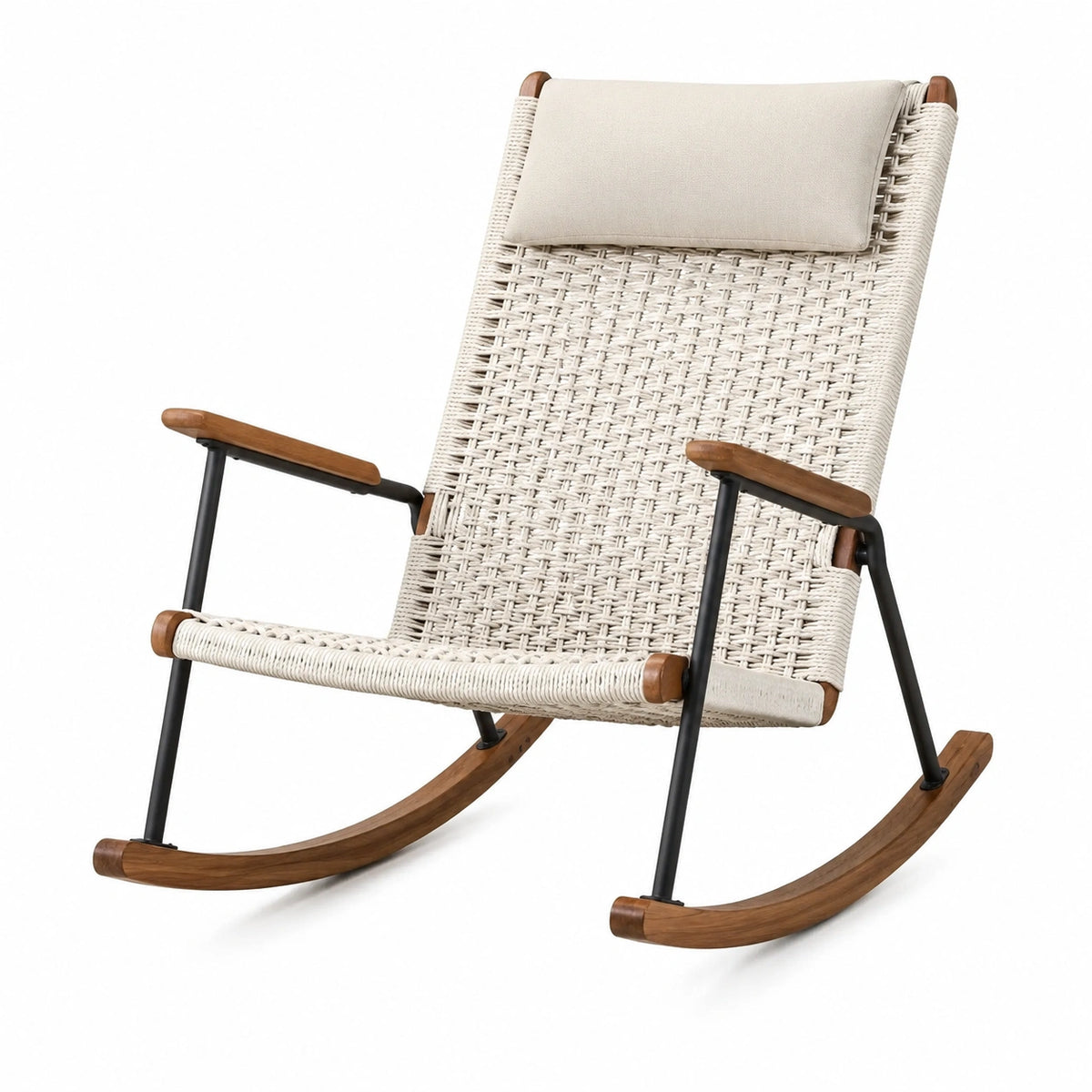 Schaukelstuhl aus Holz, Metall und Seilgeflecht in Beige, Braun und Schwarz, 98 x 70 x 102 cm