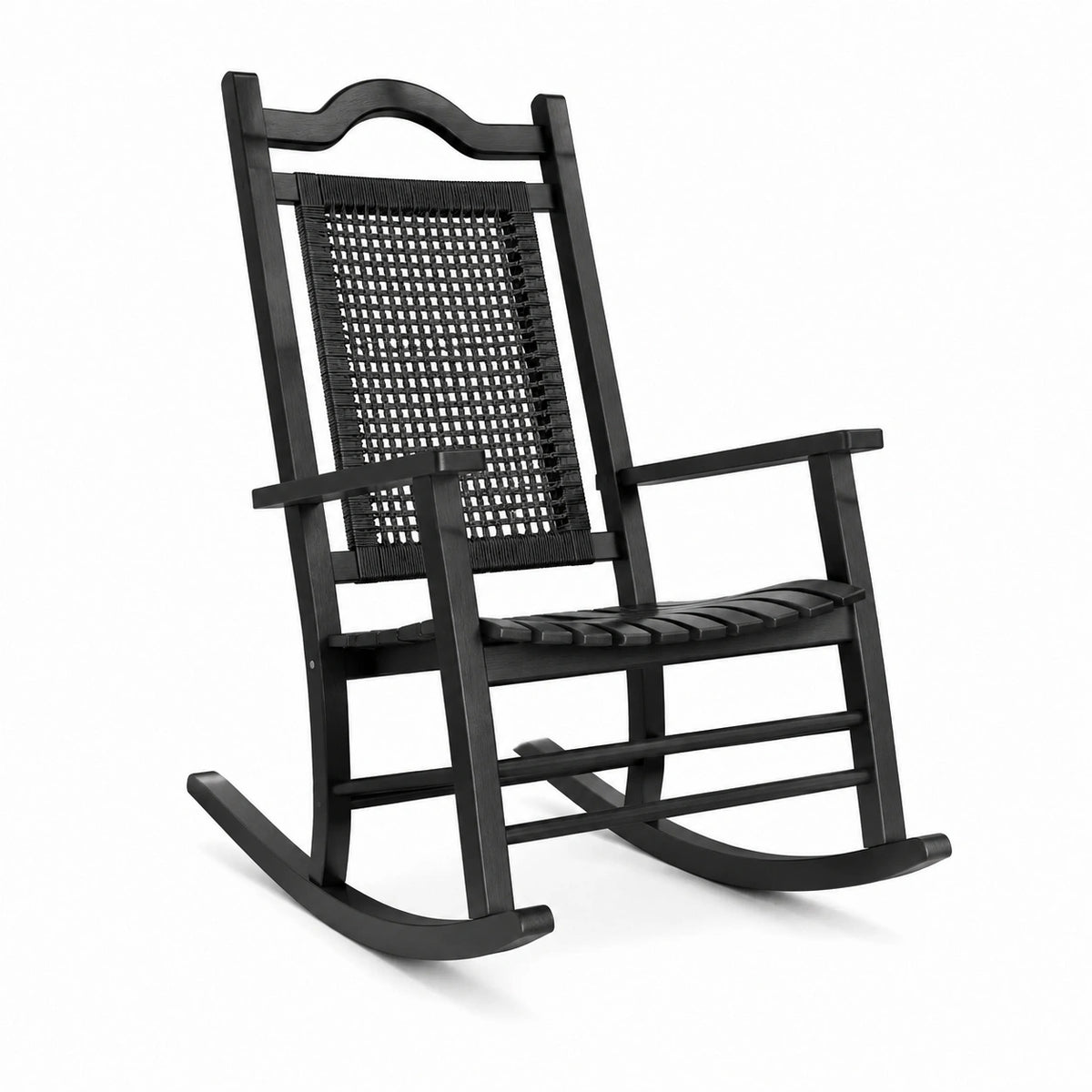 Klassischer Schaukelstuhl aus Holz mit Kunststoffgeflecht, Schwarz, 68 × 90 × 110 cm