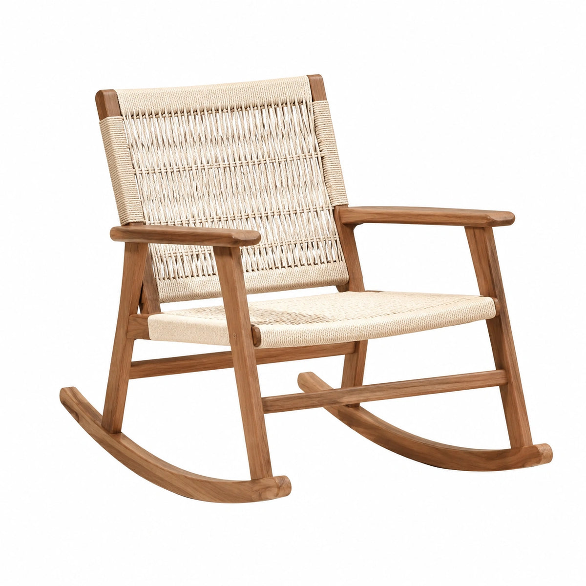 Retro-Schaukelstuhl aus Holz und Seilgeflecht, Braun/Creme, 98 × 65 × 85 cm