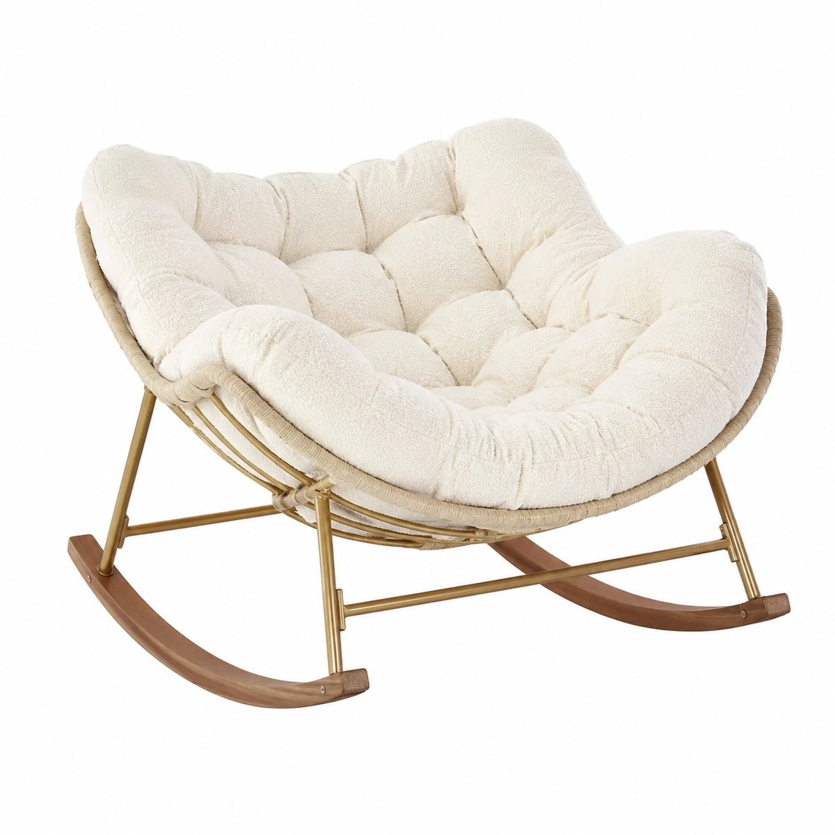 Schaukelstuhl 108 × 98 × 92 cm in Creme mit goldfarbenem Metallgestell und braunen Holzkuven
